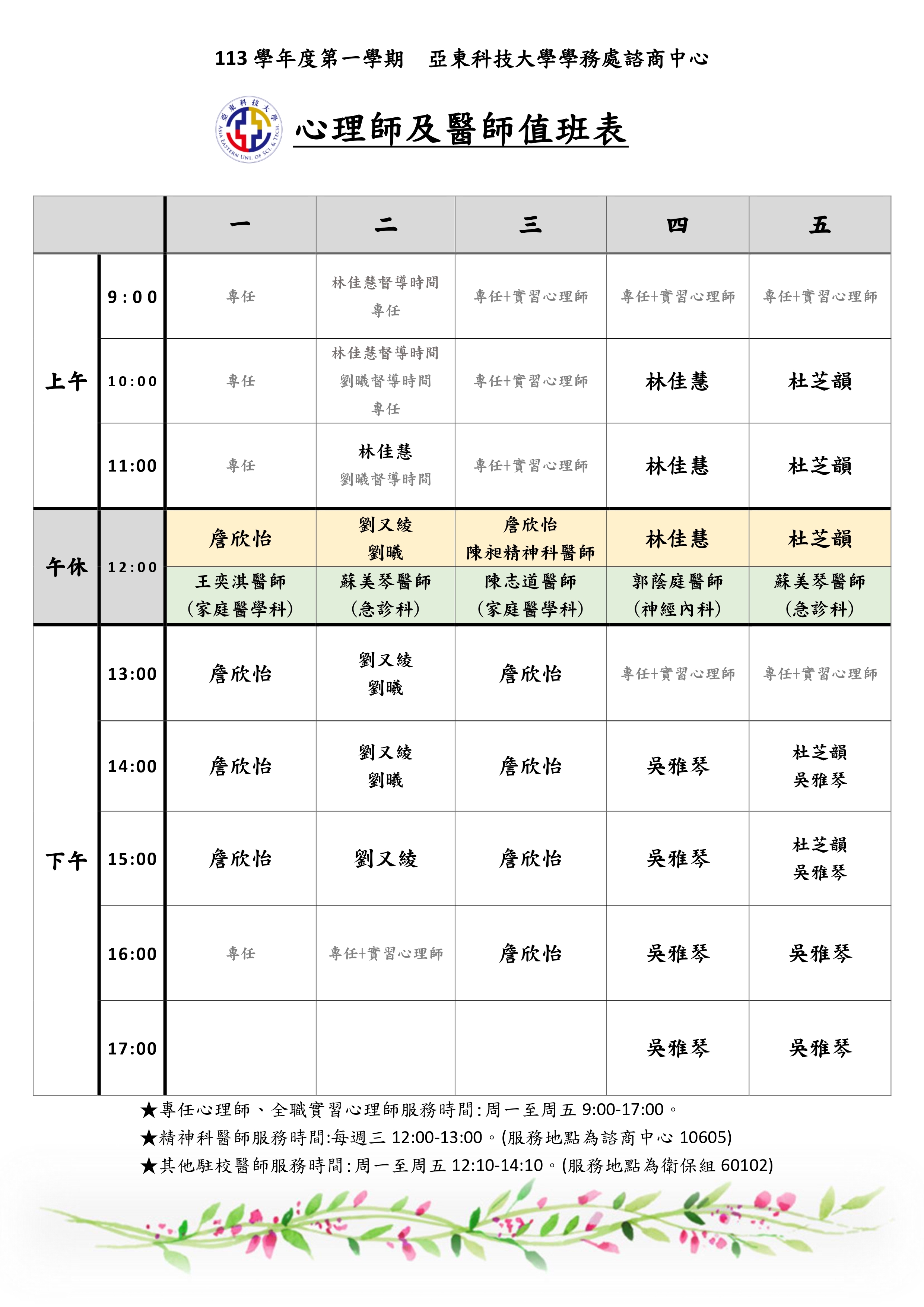 1131心理師和醫師值班時間